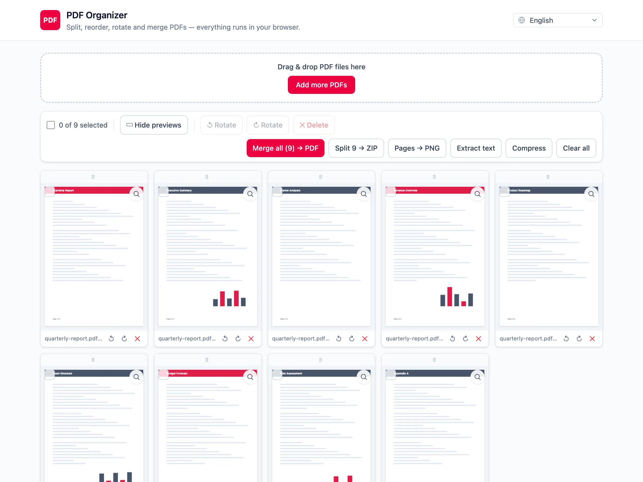 Aplikace PDF Organizer zobrazující mřížku miniatur stránek PDF s ovládacími prvky pro změnu pořadí, otáčení a slučování